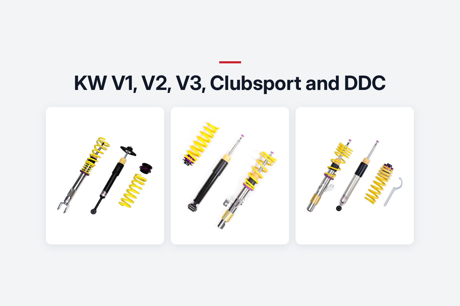Three KW coilover sets with yellow springs and purple adjusters on white cards