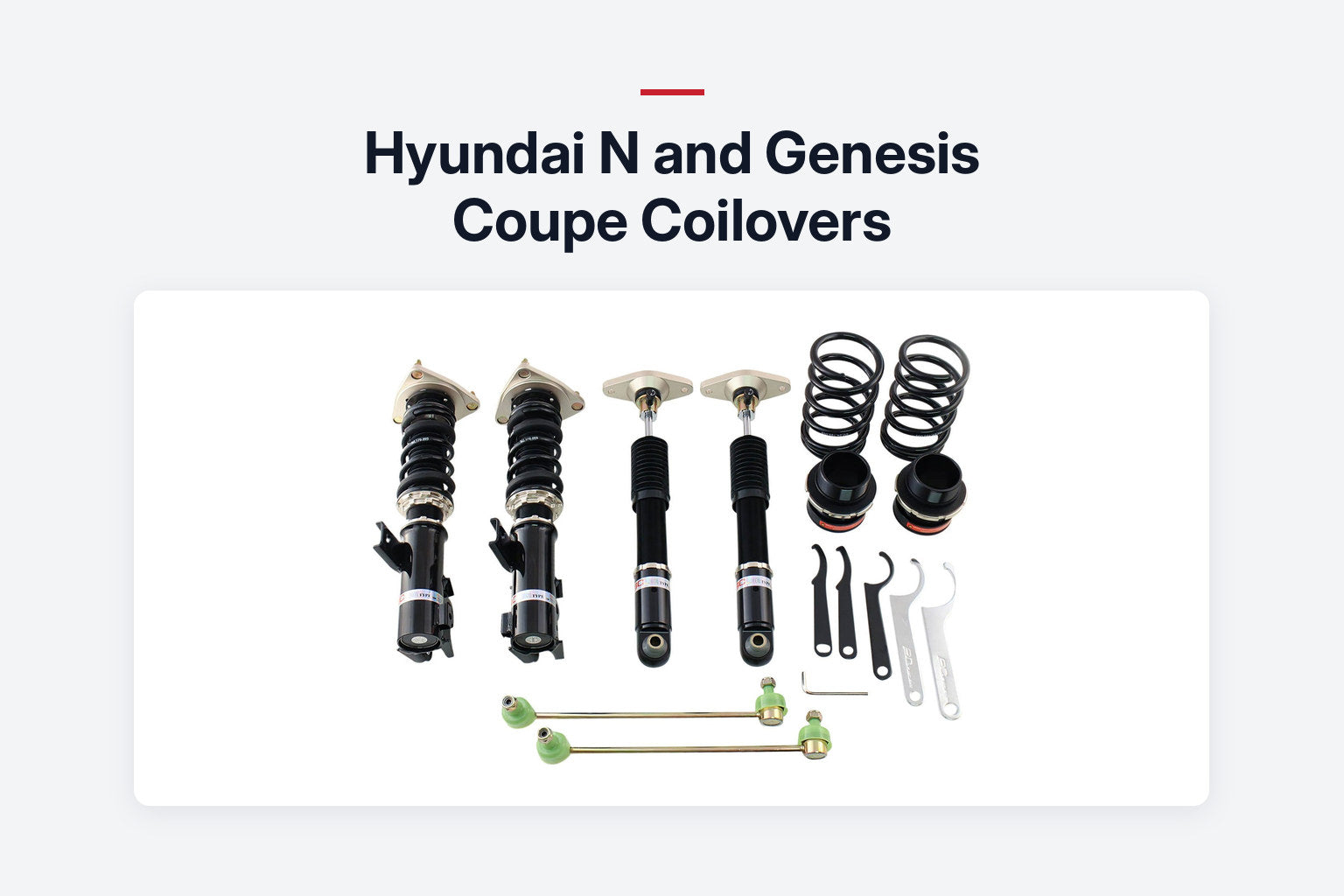 BC Racing coilover kit for the Hyundai Genesis Coupe with end links and spanners