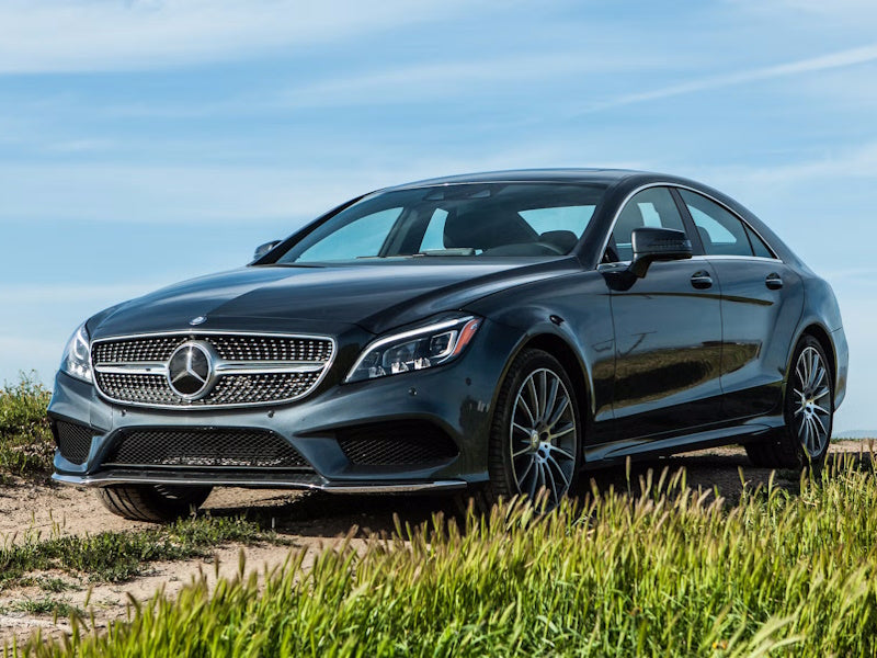 Dark gray Mercedes-Benz sedan parked in a field.